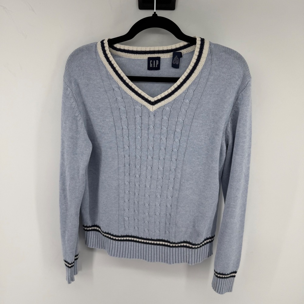 Gap V-Neck Sweater Womens M Blue Cotton Cable Knit Preppy Coastal Vintage Y2K